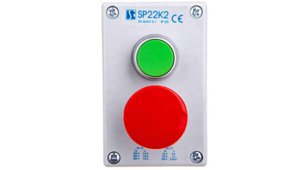 Kaseta sterownicza 2-otworowa zielony/przycisk grzybkowy czerwony 1Z 1R IP65 szara SP22K2�3-2
