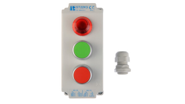 Kaseta sterownicza 3-otworowa z przyciskami zielony/czerwony + lampka sygnalizacyjna IP65 ST22K3�5-1
