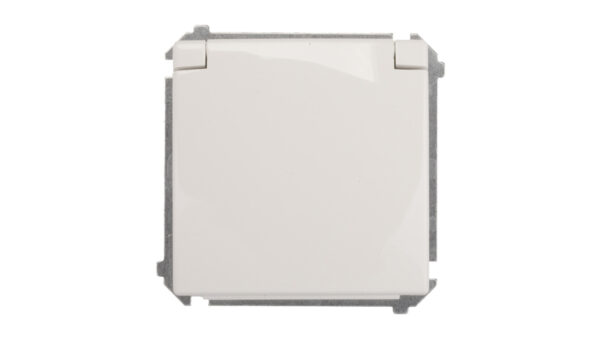 Simon Basic Gniazdo bryzgoszczelne z/u IP44 z przesłoną torów i klapką białe BMGZ1Bz.01/11