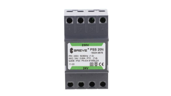 Transformator 1-fazowy modułowy bezpieczeństwa PSS 20N 230/ 24V 0,83A, na szynę DIN, IP20, Ta 40, 16024-9878