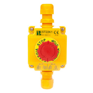 Kaseta z przyciskiem bezpieczeństwa przez obrót 1R IP65 żółta 2x dławnica M20 ST22K105-2